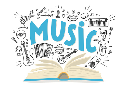 Music textbook. Book about music. Hand drawn doodles and lettering with book.