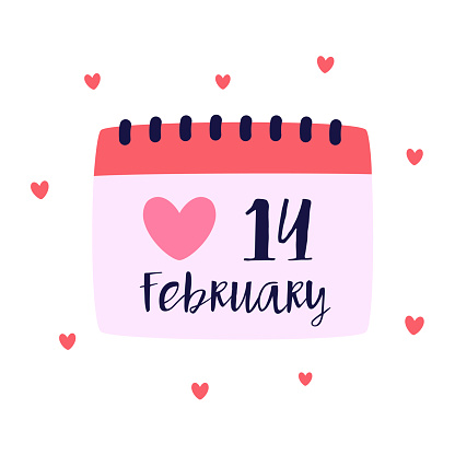 calendar with date February 14 isolated on white, valentines day, pink colors, hearts, cute, romantic design, vector illustration in flat cartoon style