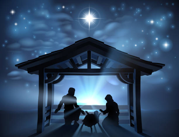 Christmas Nativity Scene Jesus Manger Silhouette Traditional Christian Christmas Nativity Scene of baby Jesus in the manger with Mary and Joseph in silhouette and the star of Bethlehem over head. bethlehem star stock illustrations