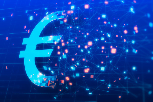 Digital work of Euro currency symbol transfer or cryptocurrency mining