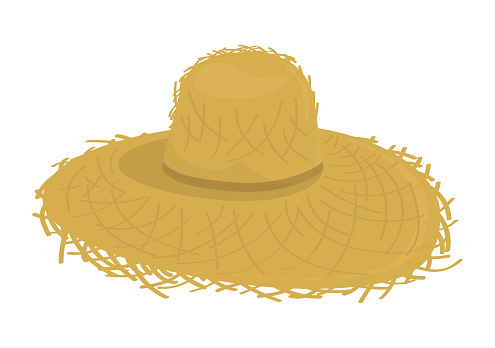 Old wide brimmed straw hat of rural farmer. Antique clothes, headdress made of straw of villager. Cartoon Vector isolated on white background