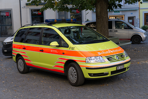 Parked fire service van at square named St. Peterhofstatt at the old town of Zürich on a late summer morning. Photo taken September 22nd, 2022, Zurich, Switzerland.