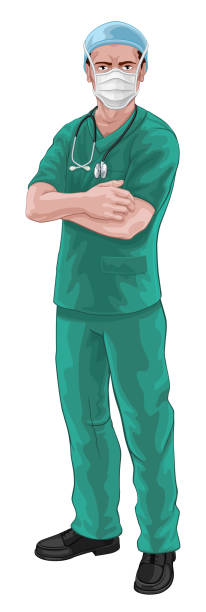illustrations, cliparts, dessins animés et icônes de infirmière ou médecin en gommages et masques chirurgicaux epi - male nurse nurse scrubs white background