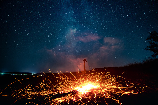 Sparks flying from a fire on slow shutter speed