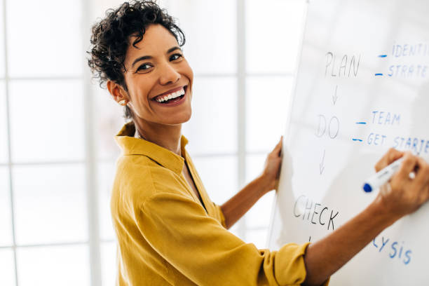 istock Happy business woman doing a presentation in an office 1448473948