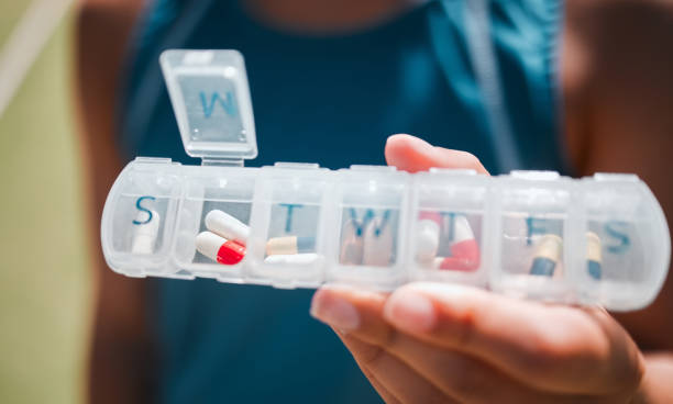 istock Hands, medicine and pills container schedule for health, wellness and medication reminder for vitality macro. Self care, management and pharmaceutical plastic case for healthy drugs lifestyle woman. 1448474658