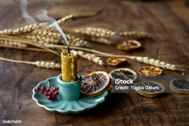 Extinguished Candle Smoke On Wood Table In Autumn Stock Photo - Download Image Now - Autumn, Beeswax, Beeswax Wrap