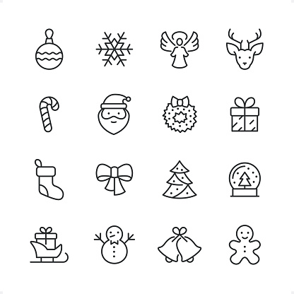 Christmas icons set #30

Specification: 16 icons, 64×64 pх, editable stroke weight! Current stroke 2 pt. 

Features: pixel perfect, unicolor, editable stroke weight, thin line. 

First row of  icons contains:
Christmas Decoration, Snowflake, Angel, Deer;

Second row contains: 
Candy Cane, Santa Claus, Christmas Wreath, Gift;

Third row contains: 
Christmas Stocking, Tied Bow, Christmas Tree, Snow Globe; 

Fourth row contains: 
Animal Sleigh, Snowman, Christmas Bell, Gingerbread Cookie.

Complete Cubico collection — https://www.istockphoto.com/uk/collaboration/boards/_R8CZuIXmUiUCIbekezhFA