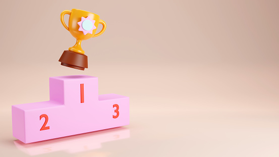 3D render of Golden trophy cup on the podium, Award for the winner concept