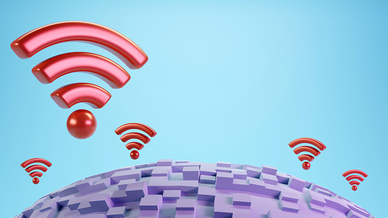 3D rendering of Wifi symbol icon on minimal map background