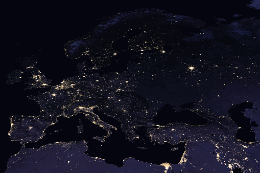 Europe from Space: Blackout in Ukraine. Concept image. Elements furnished by NASA. ______ Url(s): https://visibleearth.nasa.gov/images/144898/earth-at-night-black-marble-2016-color-maps/144945l\nSoftware: Adobe Photoshop CC 2019. Knoll light factory. Adobe After Effects CC 2017.