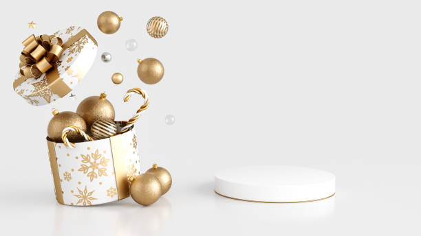 istock Modern White And Golden Christmas Open Gift Box With Display. New Year Concept - 3D Illustration 1448476841