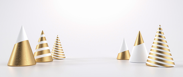 Abstract, Minimal White And Golden Christmas Trees. Empty Space Christmas, New Year Background For Product Promotion.