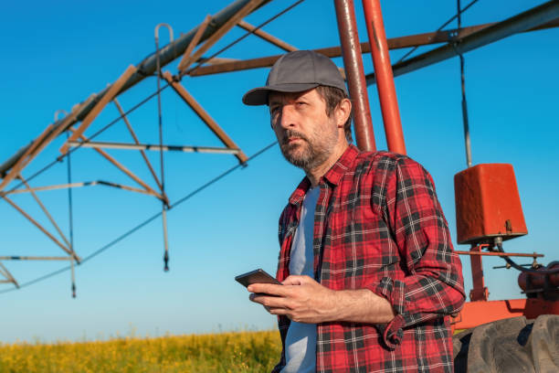 istock Farmer using mobile smart phone next to the center pivot irrigation equipment in rapeseed field 1448477610