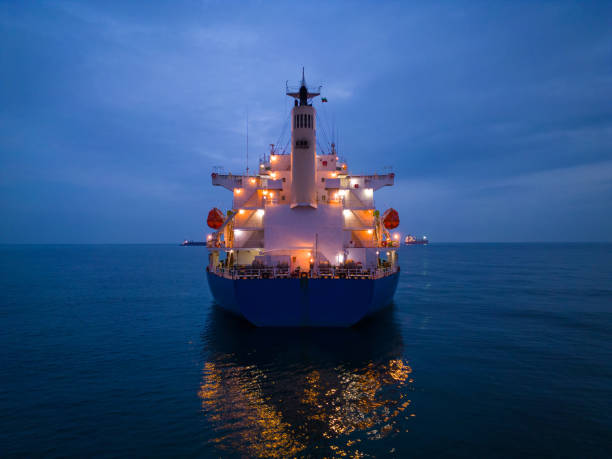 istock Aerial view cargo bulk carrier ship on the sea at night 1448477725