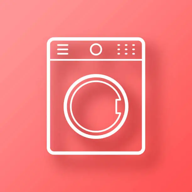Vector illustration of Washing machine. Icon on Red background with shadow