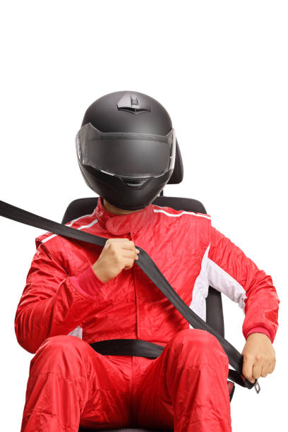istock Car driver with a helmet fastening a seatbelt 1448479228