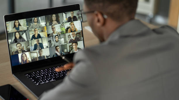 ビデオ通話の話し方と作業 - people business education event using laptop ストックフォトと画像