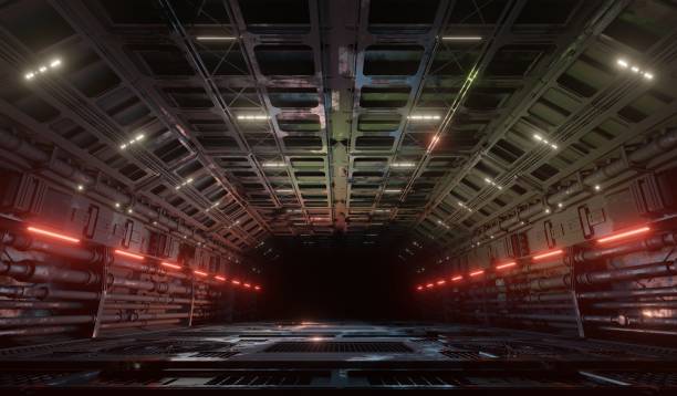 istock Sci-fi laboratory corridor metal grate with lighting motion in dark scene 1448481271