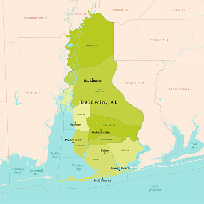 AL Baldwin County Vector Map Green. All source data is in the public domain. U.S. Census Bureau Census Tiger. Used Layers: areawater, linearwater, cousub, pointlm.