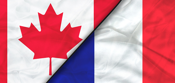Illustration of France and Canada flags together waving in the wind