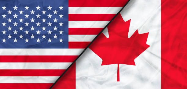 istock Usa and Canada Realistic Half Flags Together. High quality illustration. 1448481366