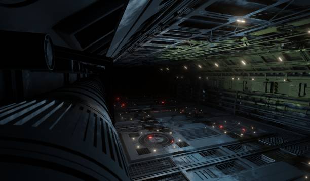 istock Sci-fi interior corridor metal grate with lighting in dark scene 1448481394