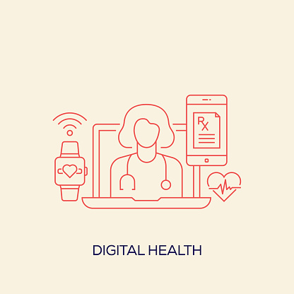 Digital Health Related Design with Line Icons. Simple Outline Symbol Icons.