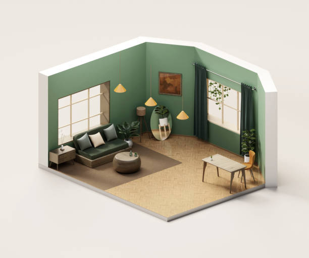 istock Isometric view living room muji style open inside interior architecture, 3d rendering digital art. 1448482403