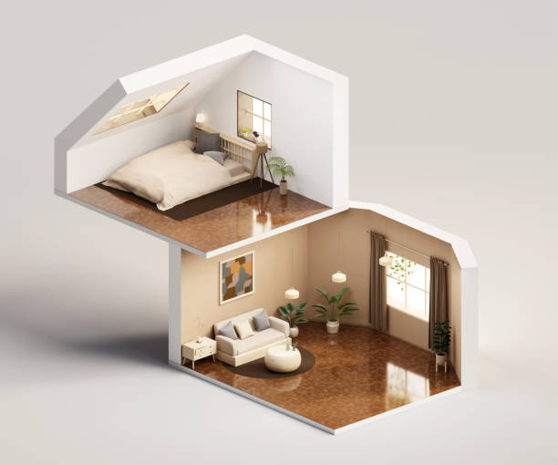 istock Isometric view bed room muji style open inside interior architecture, 3d rendering digital art. 1448482413