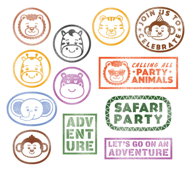 ilustrações de stock, clip art, desenhos animados e ícones de zoo animals safari themed birthday party rubber stamps - animal cartoon zoo safari