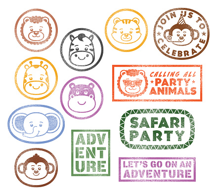 Rubber stamps with various ZOO, safari animals (Elephant, Lion, Hippo, Giraffe, Tiger, Monkey, Zebra). Kawaii style characters vector illustration isolated on a white background. Rubber stamps for Kids Safari themed birthday parties.