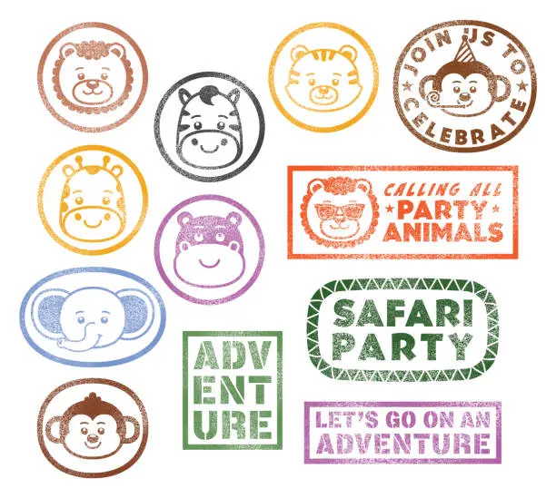 Vector illustration of ZOO Animals Safari Themed Birthday Party Rubber Stamps