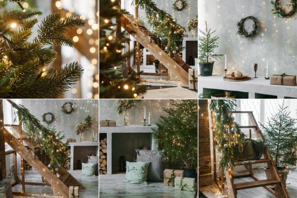Collage of home New Year's interior. A live Christmas tree and a wooden staircase in the kitchen. Cozy atmosphere of a home holiday, loft design of the room, green Christmas tree decorated with garlands. stock photo