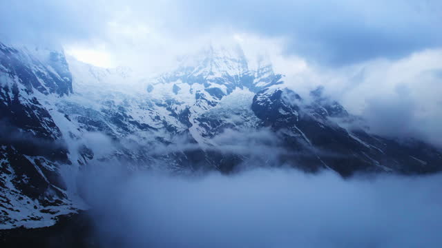 Snow-capped mountain peaks. A mountain range in the central Himalayas.