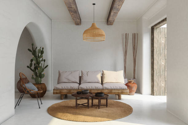 ソファ、籐の肘掛け椅子、サボテンの植物、コーヒーテーブルを持つリビングルームの内部
