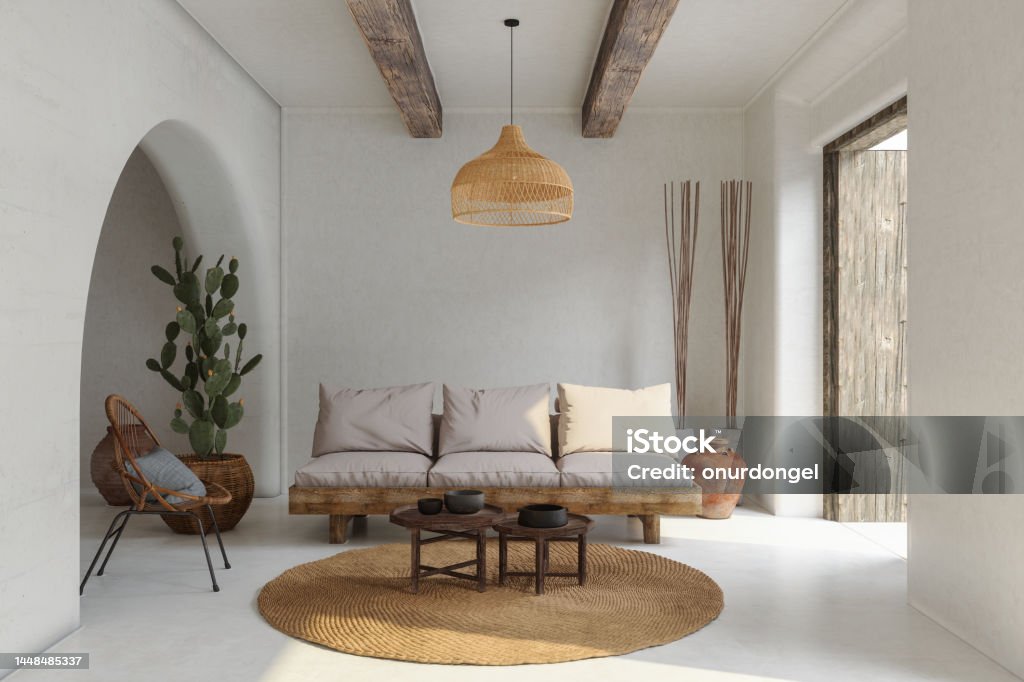 Living Room Interior With Sofa, Wicker Armchair, Cactus Plant And Coffee Table Home Interior Stock Photo