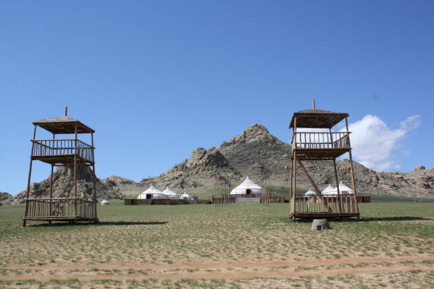 A picture of the 13th century nomadic village in the lonely steppe, Tuv region, Mongolia. stock photo