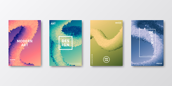 Set of four vertical brochure templates with modern and trendy backgrounds, isolated on blank background. Abstract colorful illustrations with fluid, liquid, 3d shapes and beautiful color gradients (colors used: Purple, Pink, Orange, Green, Blue, Black, Beige, Turquoise, Yellow). Can be used for different designs, such as brochure, cover design, magazine, business annual report, flyer, leaflet, presentations... Template for your own design, with space for your text. The layers are named to facilitate your customization. Vector Illustration (EPS10, well layered and grouped), wide format (2:1). Easy to edit, manipulate, resize and colorize.