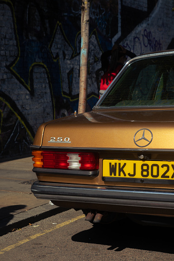 September 17, 2022: Close-up of a Mercedes Benz 250 parked on the road in downtown of London, UK