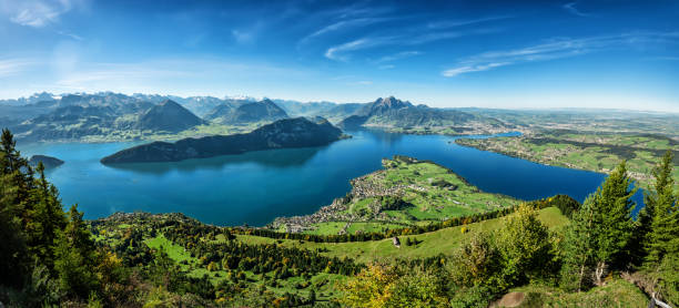 Lake Lucerne city viewed from Mount Rigi with Mountain Pilatus stock photo