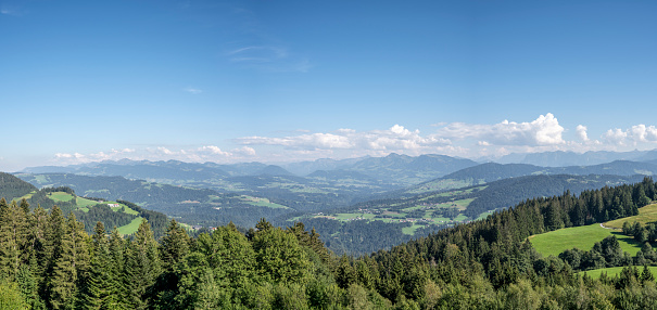 The Körbersee, embedded in the Lechquellen Mountains, from above on a sunny summer day.