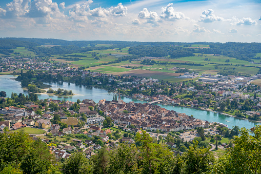 Stein am Rhein on the banks of the river Rhine during summer seen from above