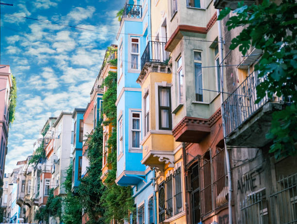 Colourful houses in Balat popular among tourists , Istanbul, Turkey stock photo