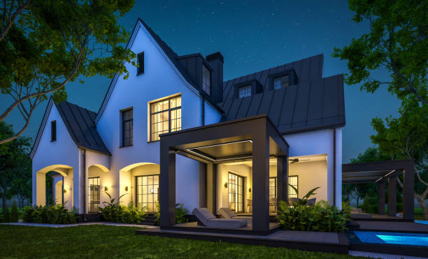 3d rendering of white and black modern Tudor house in night stock photo