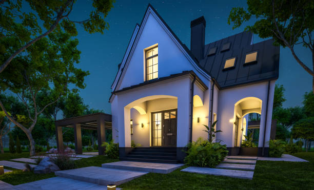 istock 3d rendering of white and black modern Tudor house in night 1448491783