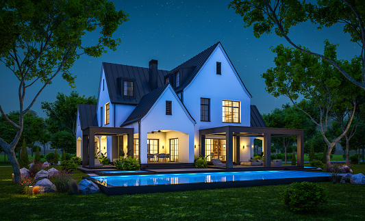 istock 3d rendering of white and black modern Tudor house in night 1448491808