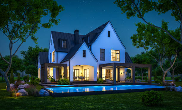 3d rendering of white and black modern tudor house in night - house residential structure luxury night imagens e fotografias de stock