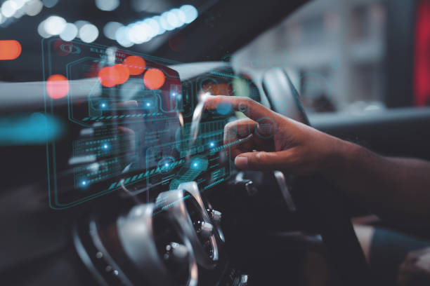 graphic user interface and a futuristic car (GUI). intelligent vehicle connected vehicle The Internet of Things the head-up display (HUD) stock photo