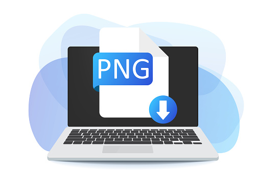 Download PNG button on laptop screen. Downloading document concept. PNG label and down arrow sign. Vector stock illustration
